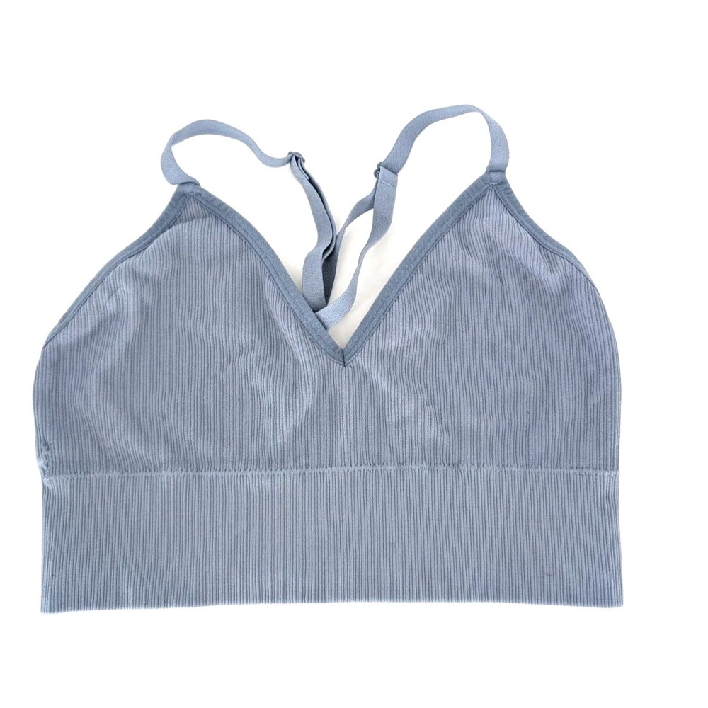 Luvlette Blue Ribbed Seamless Sports Bra V Neck Large Active Gym Yoga Athleisure